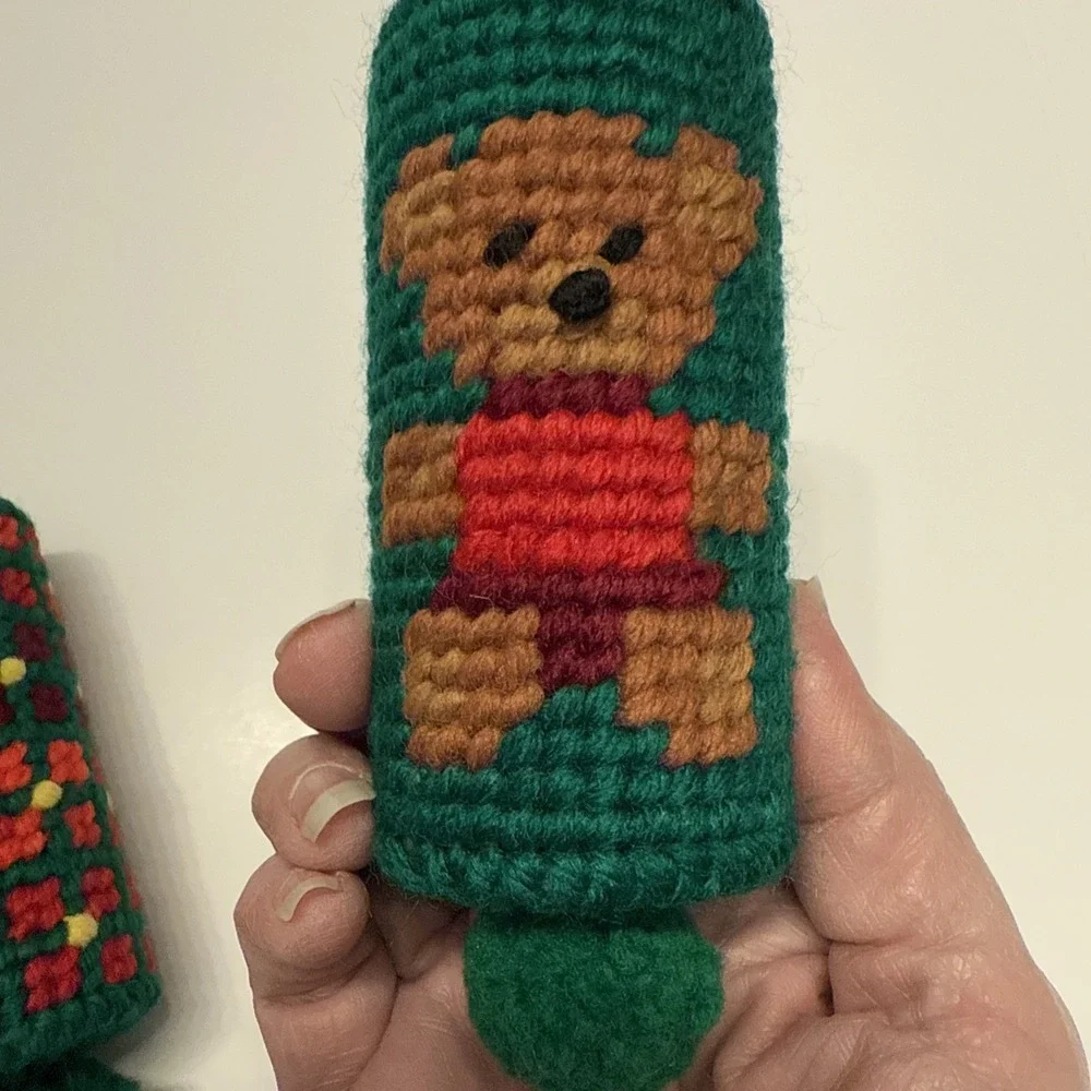Vintage Handmade Needlepoint Christmas Ornament Lot. Very Unique, Bears, Rainbow